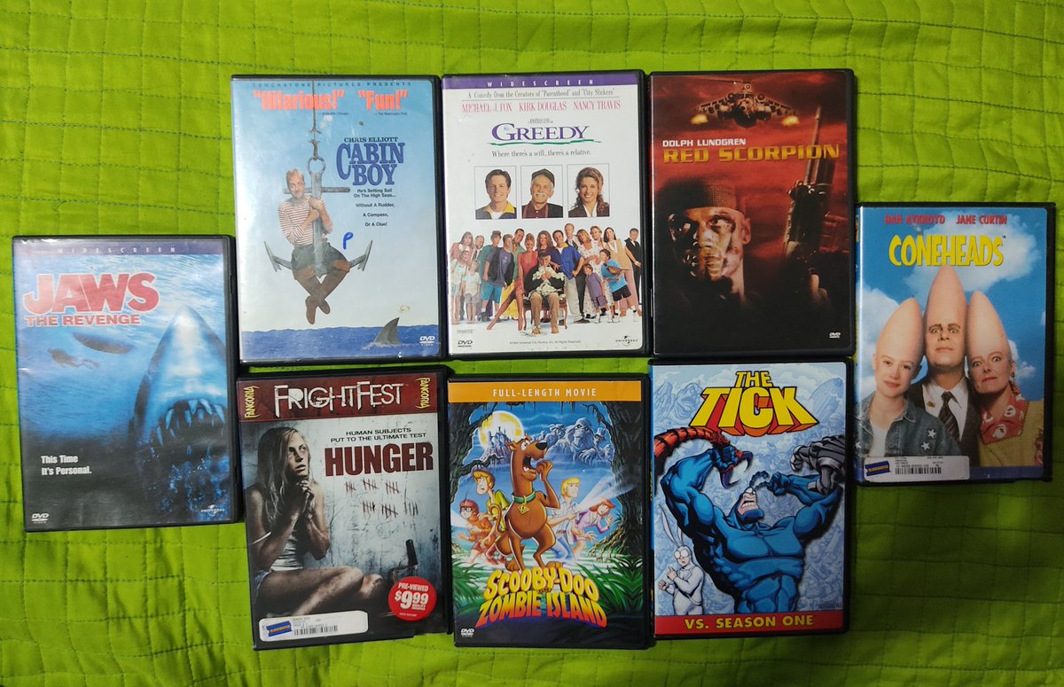 Swap meet Finds #jaws #cabinboy #greedy #redscorpion #coneheads #hunger #scoobydoo #thetick #80s #90s #90scartoons #moviecollection #dvdcollection #supportphysicalmedia