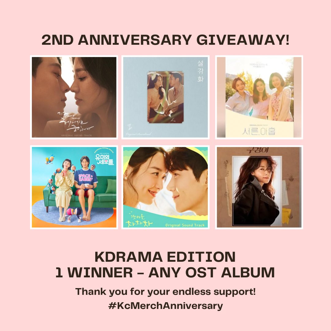 kc_merchandise's tweet photo. We are celebrating our 2nd Anniversary with a giveaway! 💝

Get a chance to win any OST:
#NWBU 
#HTCC 
#ThirtyNine 
#YumisCells
#Snowdrop
#InspectorKoo

✅ Follow us, QRT/RT this post &amp; send your greetings with the #KcMerchAnniversary hashtag! 

God bless us all! https://t.co/TMerKoqk67