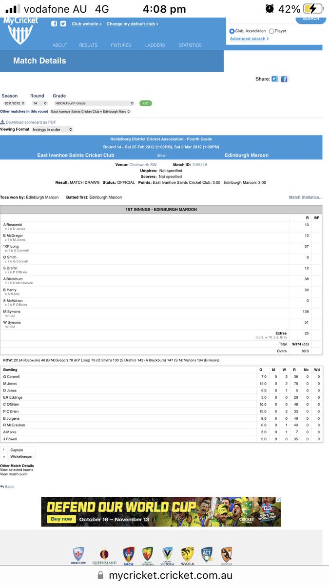sqwhiley's tweet photo. @MyCricketAus Last wicket partnership here (son - will’s first senior game) @Mightyburra https://t.co/Hnnz365w0D