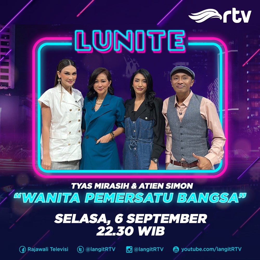 Ini dia para wanita pemersatu bangsa! Ada <a href="/tyasmirasih/">tyas mirasih</a> &amp; <a href="/atiensimon/">Atien Simon</a> 🤩🤩

Mark your calendar ya bestie! Cuma di LUNITE. Selasa, 6 September pkl. 22.30 WIB hanya di RTV Makin Cakep

#RTVDigital #Lunite #RTV