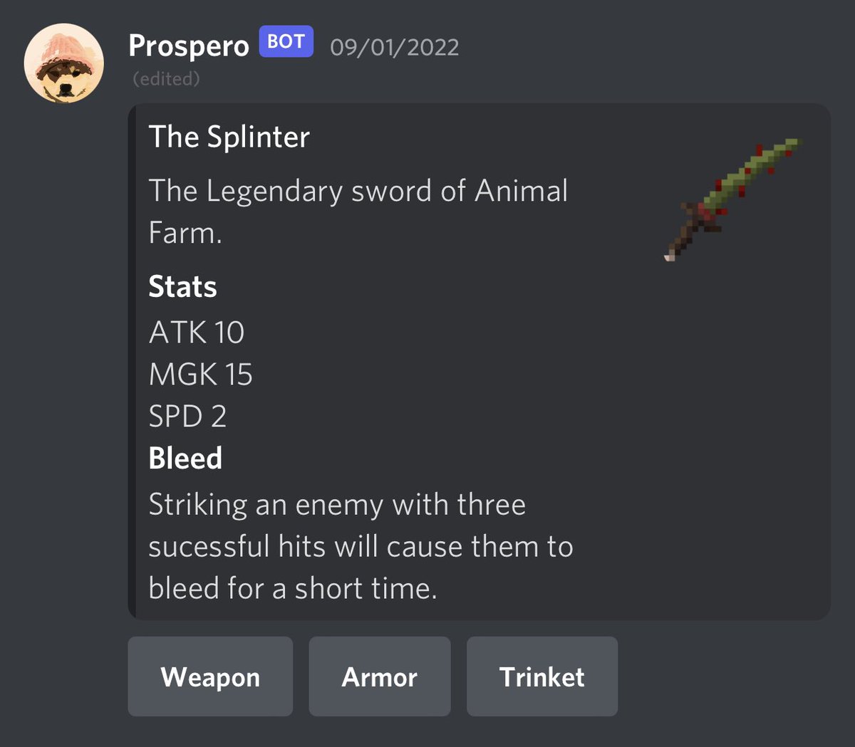 cozyconstruct's tweet photo. stats about your equipped gear!  #indiegame #indiedev #IndieGameDev #Discord #Python #bot https://t.co/8w5uA1WK7B
