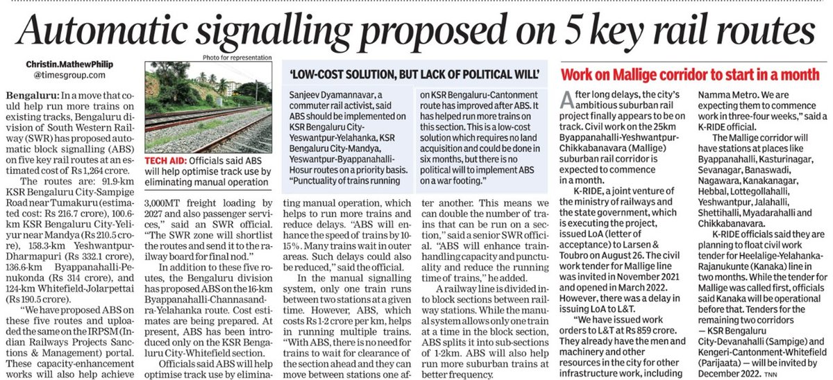 SWRRLY's tweet image. Automatic Signalling proposed on 5 key rail routes.
#morningnews  #AutomaticBlockSignalling #TechnologyForTransportSolutions

@timesofindia