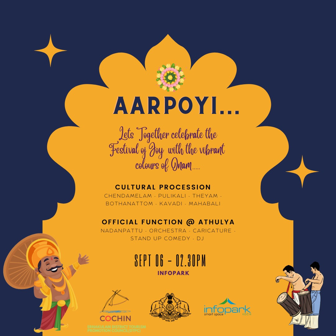 InfoparksKerala's tweet image. A common #onamcelebration will be organized at #INFOPARKKochi on Tuesday 06/09/2022.  Procession with all kinds of #culturalprogrammes will start from Infopark phase-1,  Central Circle to Athulya auditorium.  

#Infopark #KeralaITMission #InfoparkThrissur #KeralaITParks #AARPOYI