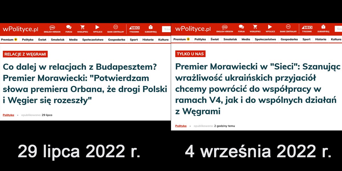 Morawiecki w lipcu: drogi Polski i Węgier się rozeszły Morawiecki we wrześniu: chcemy wrócić do wspólnych działań z Węgrami Rozwód #PiS z najwierniejszym sojusznikiem Putina w UE trwał krócej niż dwa miesiące Zerowa wiarygodność władzy, Całkowity brak przyzwoitości