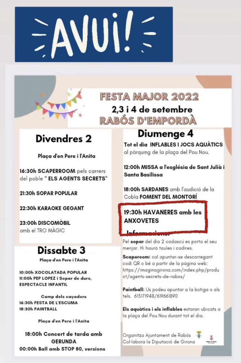 lesanxovetes's tweet photo. Avui, a Rabós d’Empordà! A les 19.30h a la Plaça d’en Pere i l’Anita.
#havaneres #rabos #rabosdemporda #concertsestiu #lesanxovetes #anxotour2022 #festamajor #fmrabos https://t.co/S102wFyfaN