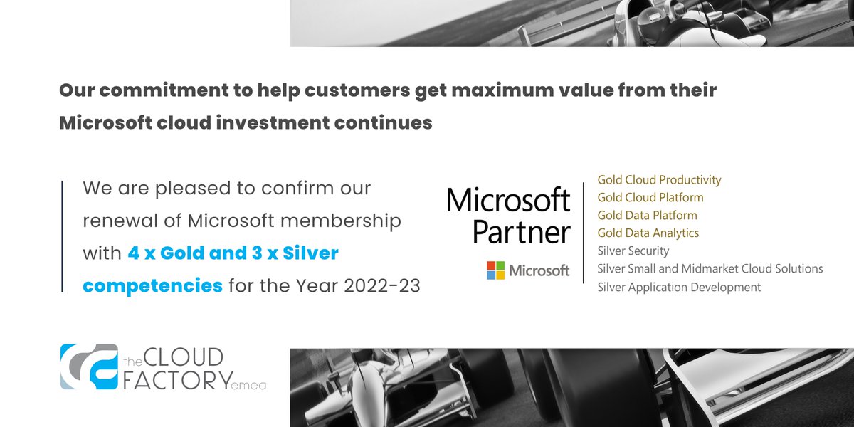 tcfemea's tweet photo. Our commitment to help customers get maximum value from their Microsoft cloud investment continues. We are pleased to confirm our renewal of Microsoft membership with 4 x Gold and 3 x Silver competencies for the Year 2022-23.

#microsoft #tCFcloud https://t.co/BGSs79FrO5