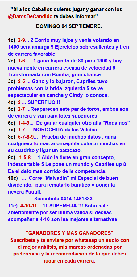 #Hipismo 🏇🇻🇪

Pronosticos del Entrenador Candido Marcano.

⏬⏬
Suscripcion Personalizada
0414-1481333.