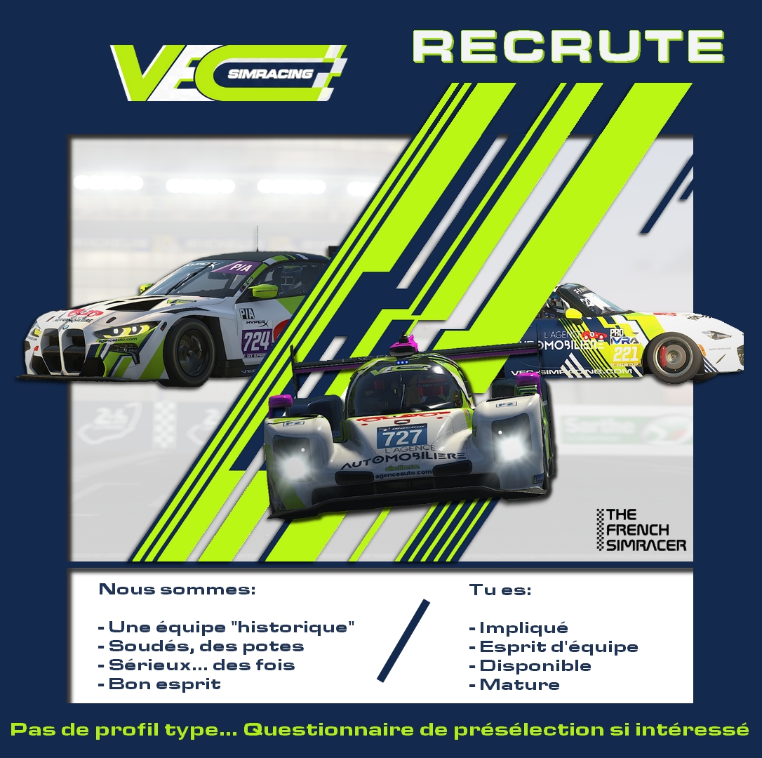 VECsimracing's tweet photo. 📣 ON RECRUTE! 
Tu sais que "tenir sa ligne" n'a rien à voir avec la pêche, qu'il t'arrive de faire des erreurs (sisi...), que celles des autres glissent sur toi comme le vent sur la crâne d'un moine bouddhiste? Tu peux nous intéresser.
Check ce formulaire
https://t.co/DGp6LjjVPG https://t.co/f4e27Lb5WS