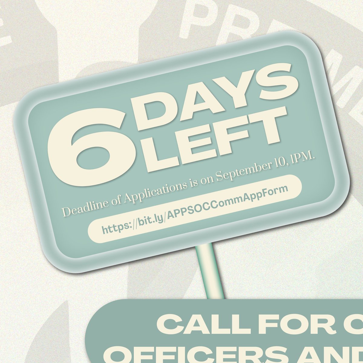 appsoc_official's tweet photo. 𝟲 𝗗𝗔𝗬𝗦 𝗟𝗘𝗙𝗧

Guess what? The Committee Applications are still ongoing! Don’t miss out on the opportunity and apply now. 

📌 Read the primer: https://t.co/JYBeXkyNU7 
📌 Apply here: https://t.co/CfcQvjp4yV 

Applications will run until September 10, 1:00 PM. https://t.co/PqvQyEQoYg