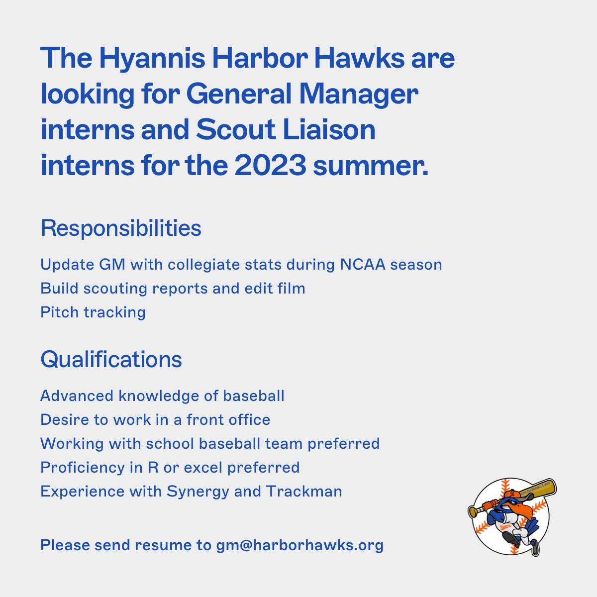 Do you dream about working in a baseball front office? If so, this is a dream internship for you! Come spend your summer on the Cape with us.

*This is an unpaid internship, but you can receive college credits.