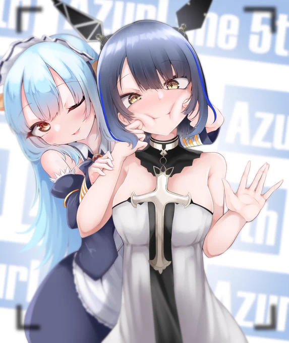 「はい笑顔!」「笑顔・・・?むぐっ!」#アズールレーン   #アズレン5周年アート  というわけでアズレン5周年おめでとうございます!! 