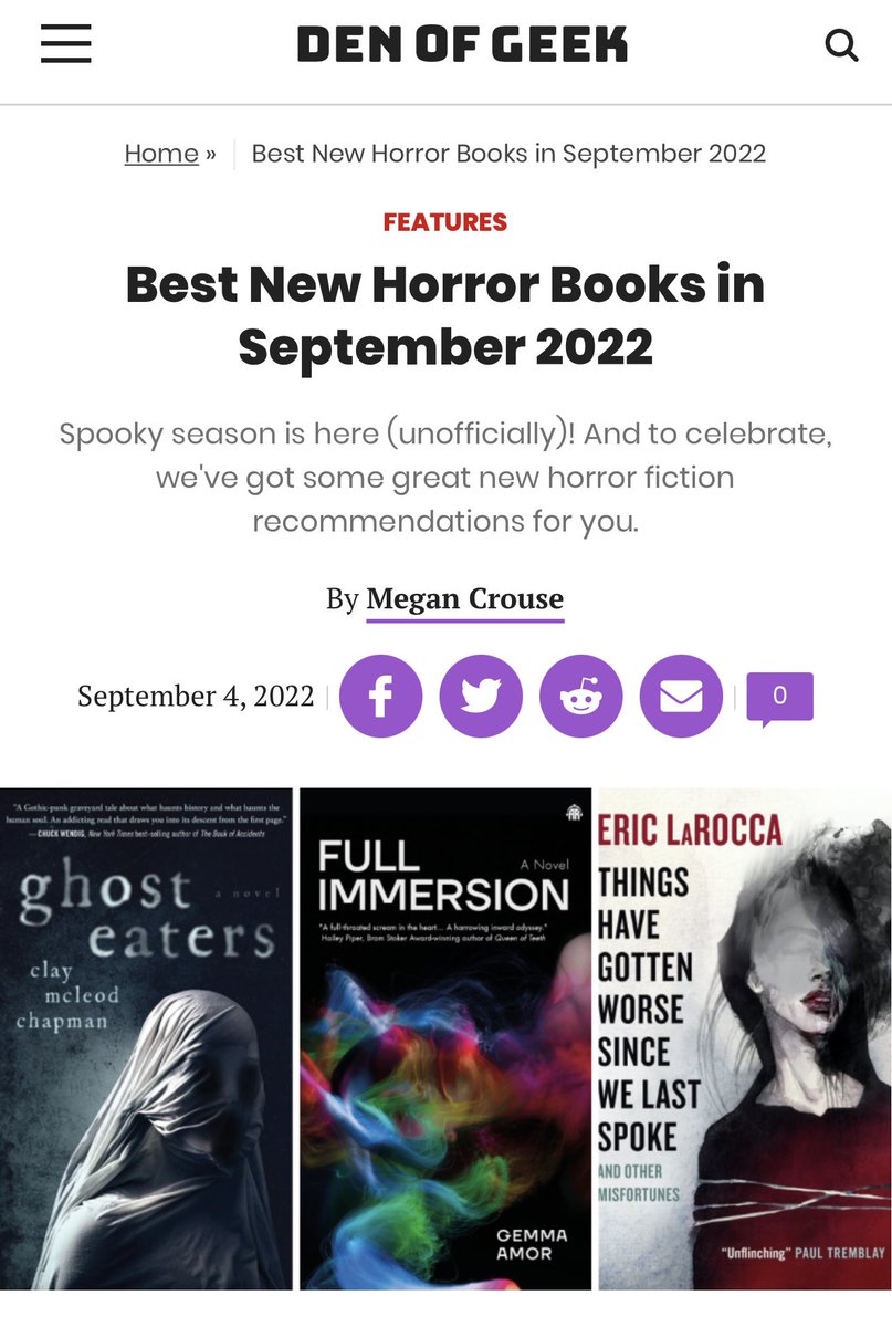 So honored to see Things Have Gotten Worse Since We Last Spoke and Other Misfortunes featured on a fabulous list of spooky September releases by Den of Geek!

Other titles included are Full Immersion by <a href="/manylittlewords/">Gemma Amor</a> and Ghost Eaters by <a href="/claymcleod/">Clay McLeod Chapman</a>. What a trio of terror! 👻