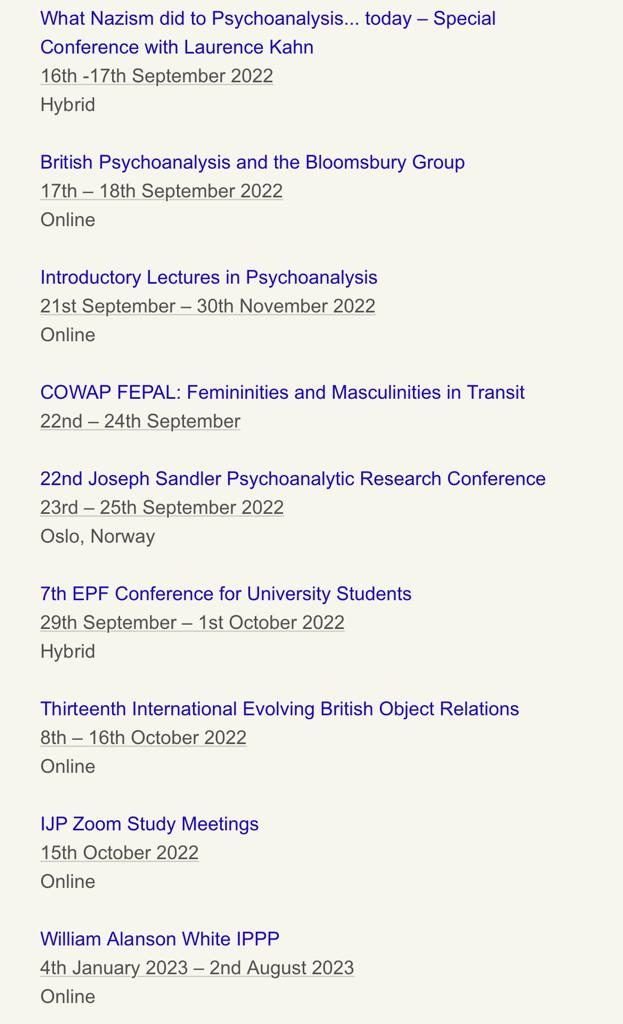 IPAonline's tweet photo. Multiple IPA-endorsed conferences are happening around the world. 
See a list, with links, on the IPA website: 
 
https://t.co/PIj9u2PpfE
 
#Events #Conference #Psychoanalysis 
#Psychoanalyse #Psicoanalisis #Psychanalyse #Freud #SundayThoughts #psychology #therapy https://t.co/41aY3Y75LP
