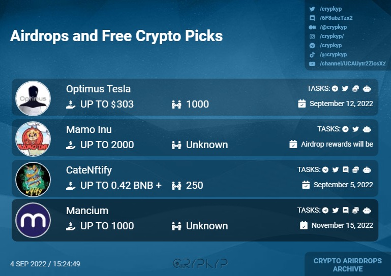 cryptoteka_io's tweet photo. Latest #airdrops added onto @crypkyp
1️⃣ Optimus Tesla / @OptimusTesla_io / #OPT
2️⃣ Mamo Inu / @mamo_inu / #MAMO
3️⃣ CateNftify / @catenftify / #CateNftify
4️⃣ Mancium / @ManciumToken / #MANC
https://t.co/qL864pfkQa https://t.co/MDV8XIflJ6