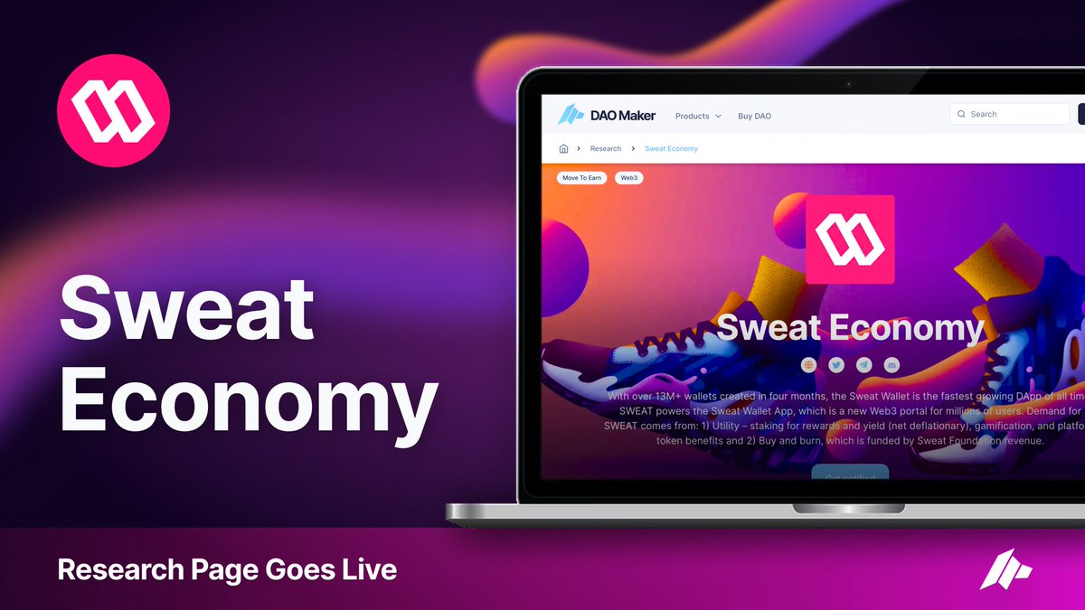 daomaker's tweet photo. Sweat Economy research page is live!

With over 110M global users, @SweatEconomy is launching one of the most significant token events in history! Already 13M users have joined their Web3 launch.

Research Page: https://t.co/YLPkAFQ2lA

1/ Thread🧵👇🏻 https://t.co/rpKu4C6KQ4