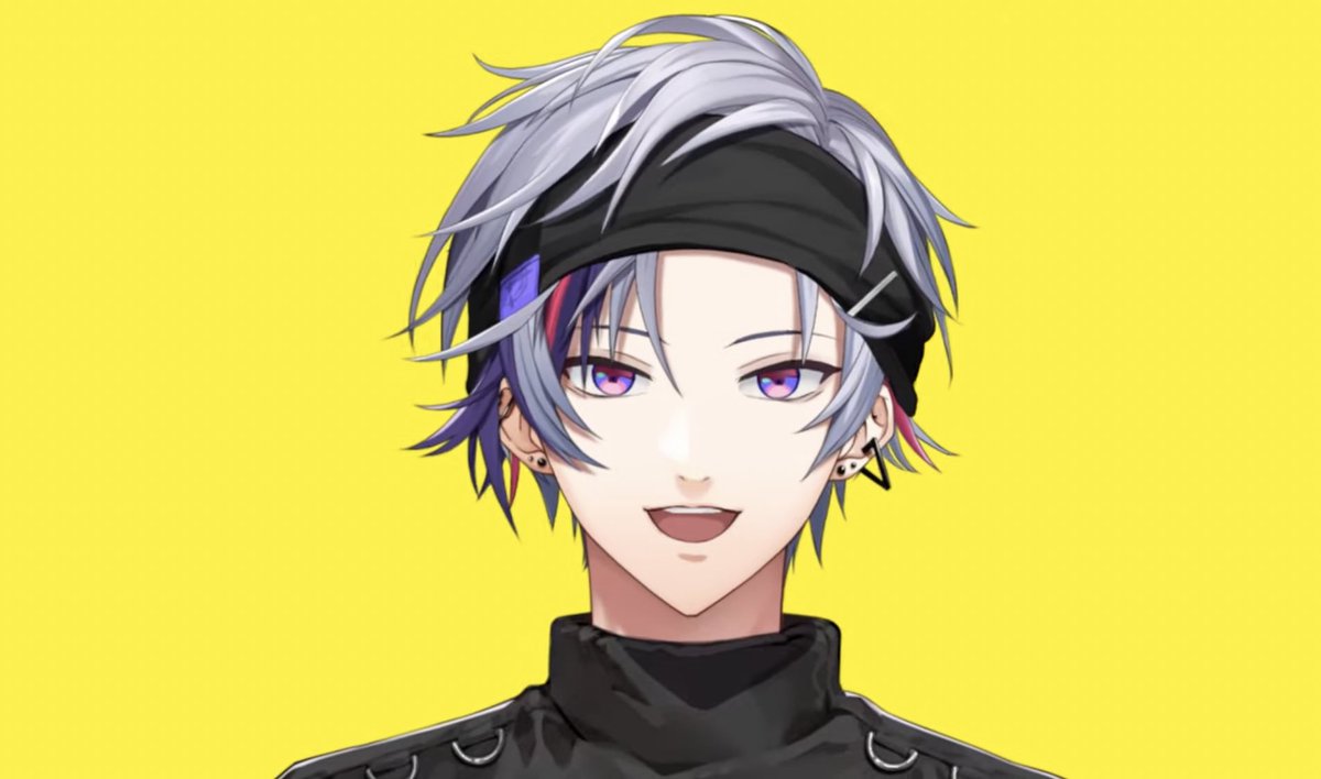 1boy male focus solo yellow background purple eyes smile streaked hair  illustration images