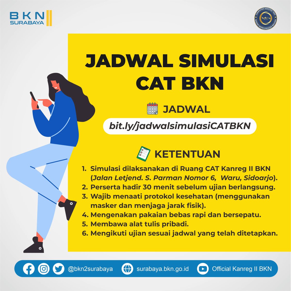bkn2surabaya's tweet photo. #SobatBKN berikut jadwal Simulasi CAT BKN untuk tanggal 5-6 September 2022. Monggo merapaaaat...
https://t.co/pgJyxMDeYX
#ASN #PNS #PPPK#BKN #ASNPelayanPublik #CATBKN https://t.co/j8ewtJOc3R