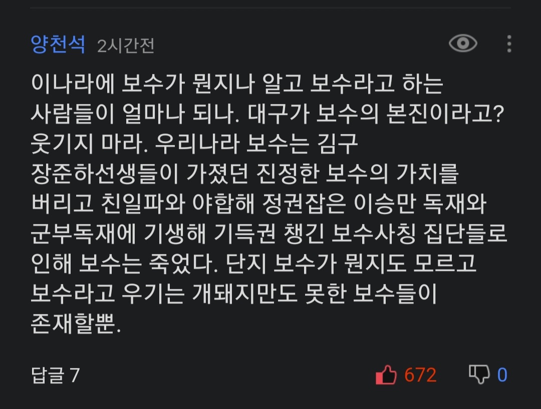minhyuk8748's tweet photo. 자칭 보수라 칭하는 사람들한테 

뼈때리는 댓글이 있어 캡쳐해올려봄 https://t.co/GTM491t0Nt