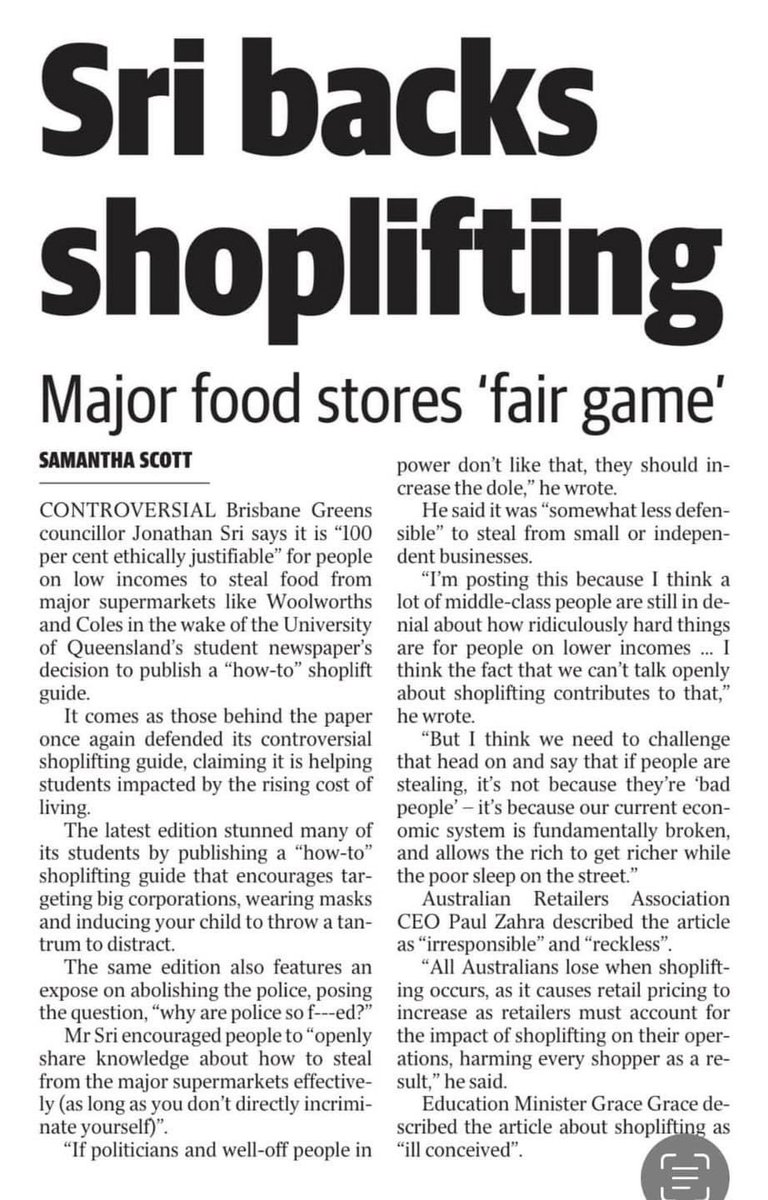 Peter_Cossar's tweet photo. What is the position of local Greens MPs on the Brisbane  City Council Green member’s  ‘if you can’t afford it, steal it" policy to deal with the rising cost of living? #auspol https://t.co/UtHKx6PWv9