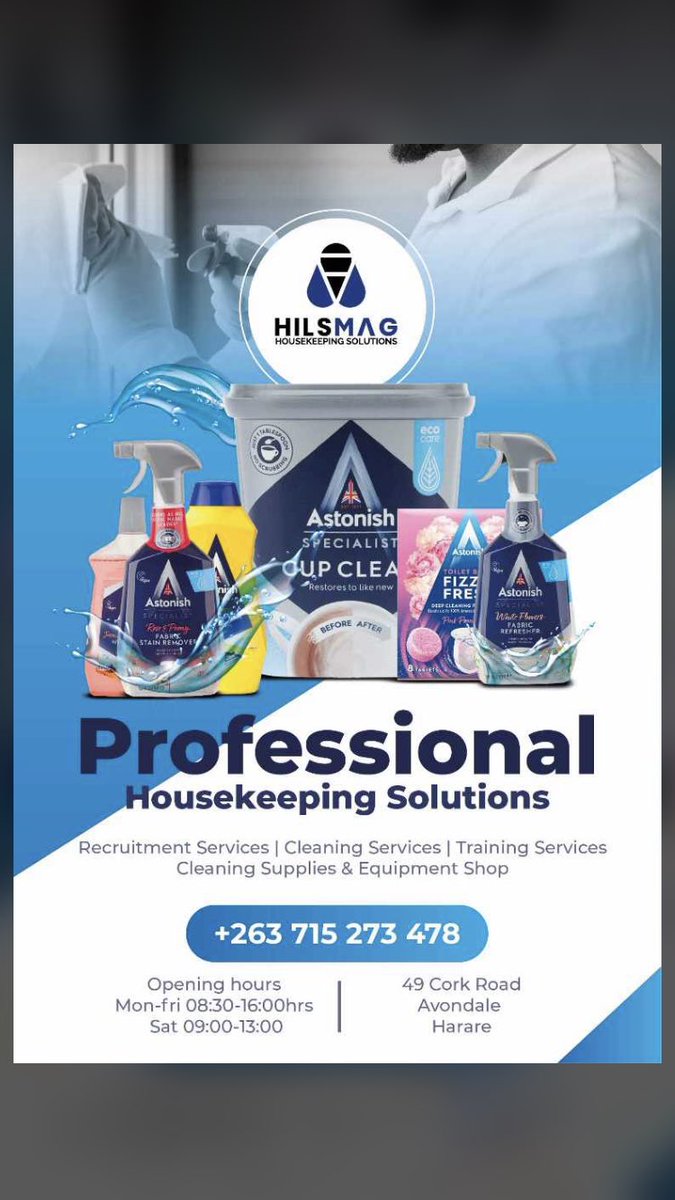 Here’s your one stop shop for everything #cleaning 🧼 🧹 🧽 🛁 🚿 😉

Personalised cleaning solutions.
Delivery available on Supplies in Harare Central.
#redmarketsunday 
<a href="/iMisred/">MISRED</a> <a href="/redmarketsunday/">Red Market Sunday</a> <a href="/Astonishcleaner/">Astonish Cleaners</a> <a href="/hilsmagofficial/">Hilsmag</a>
