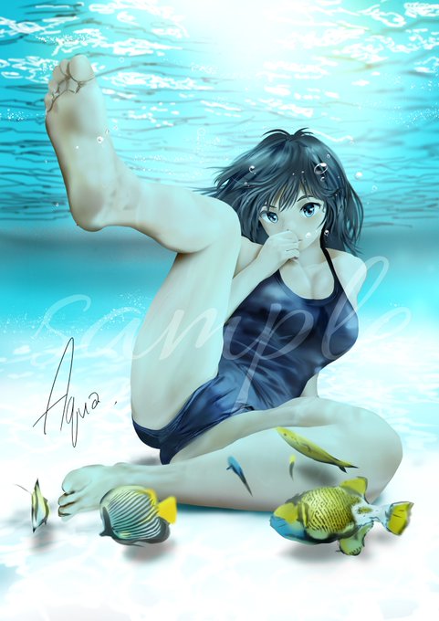 今日も暑かったぜぇい
#絵描きさんと繋がりたい 
#海底 
#水中 
#スク水 