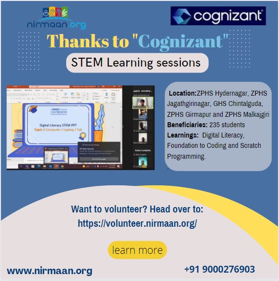 Nirmaan_Org's tweet photo. Thank you @Cognizant
@mayurpatnala @kesaniuma @Mounikakonatham @Anuradha @RaoGutlapalli @swati_vempati
#programming #codingforkids #learncoding #teachingdigitalliteracy #stemlearning https://t.co/l6OvLHjoMJ