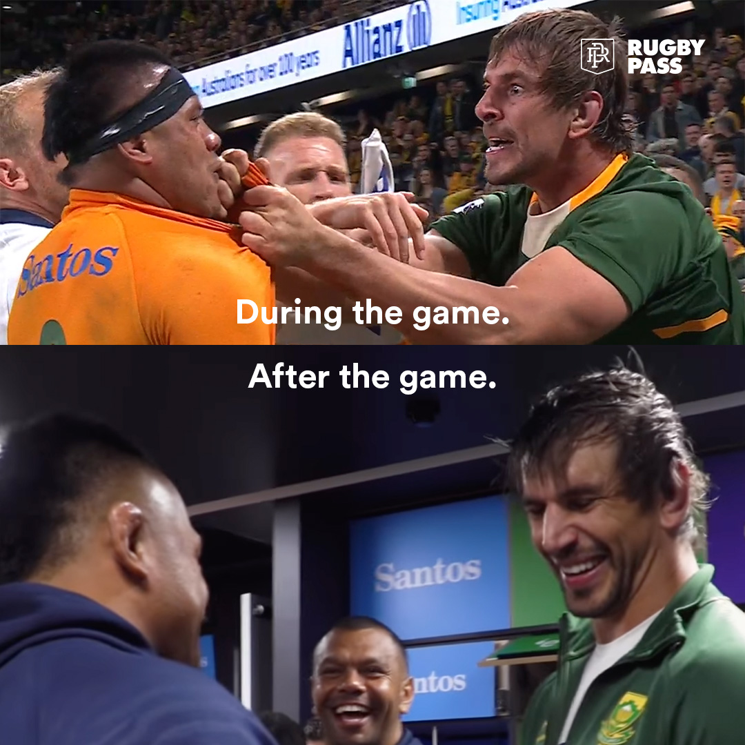 Eben Etzebeth and Allan Ala'alatoa share a drink after the game. We know it's said a lot but it's worth saying again. Rugby is an incredible sport. #AUSvsRSA