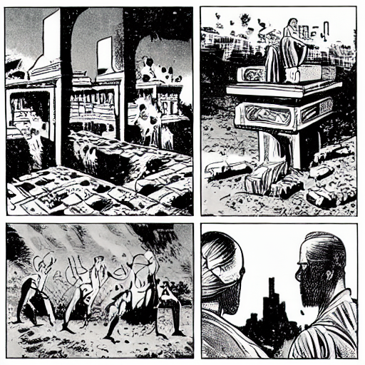 それっぽいのが出てきた。
#stablediffusion 
"a scene of graphic novel that ruins of ancient civilizations" 