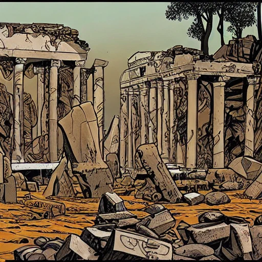 それっぽいのが出てきた。
#stablediffusion 
"a scene of graphic novel that ruins of ancient civilizations" 