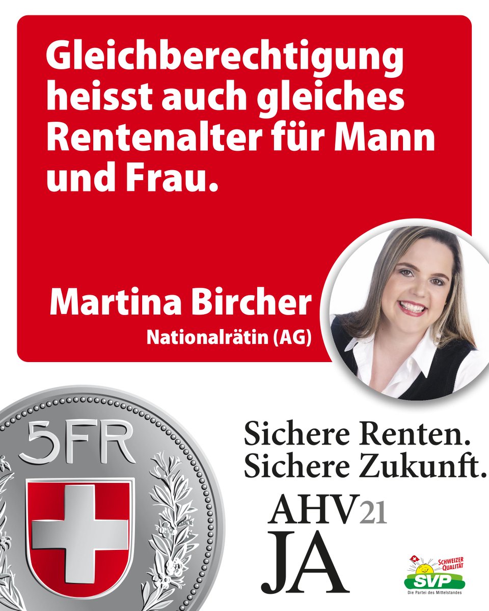 Wer für die Gleichberechtigung von Mann und Frau ist, muss konsequenterweise das gleiche Rentenalter für die beiden Geschlechter unterstützen. Darum sag wie Nationalrätin <a href="/_MartinaBircher/">Martina Bircher</a> am 25. September JA zu den beiden AHV-Vorlagen.