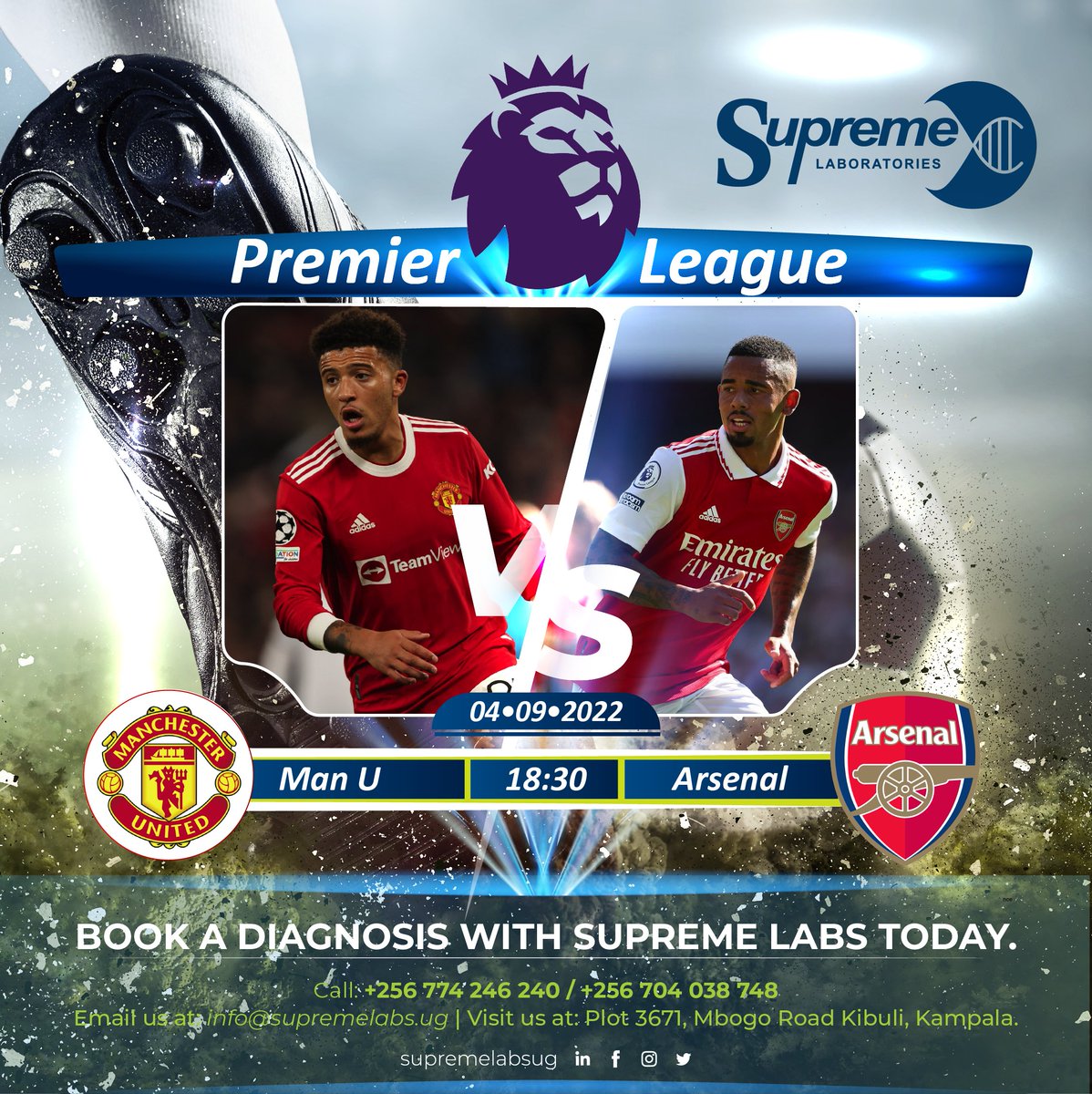 Let's go!!
Predict the score for your favorite team.

#PremierLeague #ManchesterUnited #arsenal #footballdreams 

For your medical tests
Visit: #supremelabsUg for a diagnosis
DM: +256 774 246 240, +256 704 028 748
web: supremelabs.ug
Email: info@supremelabs.ug