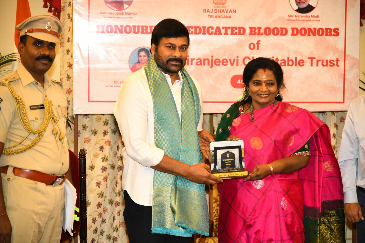 KChiruTweets's tweet photo. Immensely grateful to Madam Governor @DrTamilisaiGuv for presenting the Personal Accident Insurance Policy /‘Chiru Bhadrata’ Cards to Dedicated blood donors of @Chiranjeevi_CT at our behest. https://t.co/nH2BkhdNZh