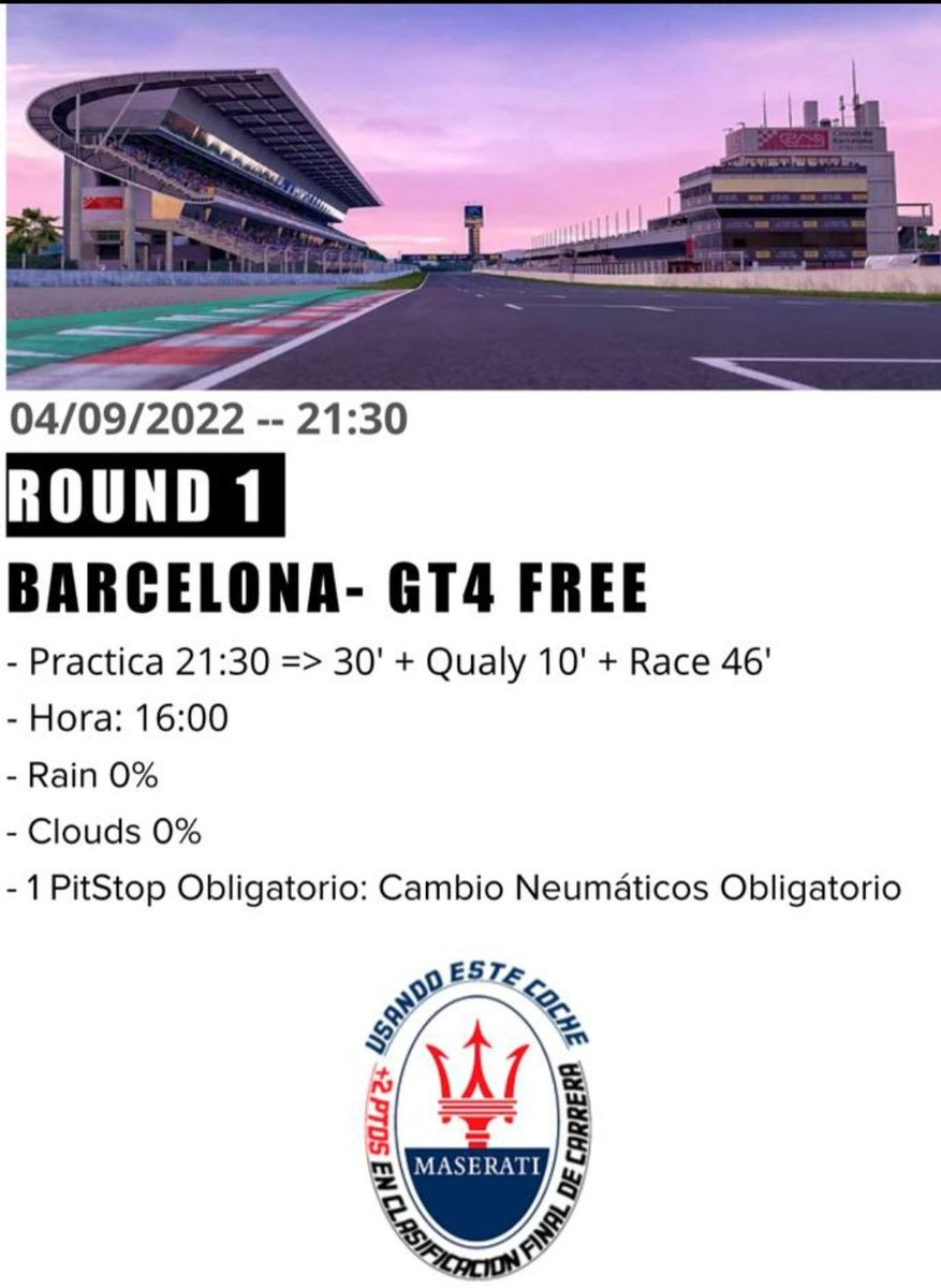 Qué pa que pa que pasaaa
Hoy Domingo 4 sept 2022
A las 21:30h pen. En mi canal de twitch @PoljonanTV comenzamos el siguiente campeonato puntuable para el campeonato mundial de <a href="/ClubRaceline/">Raceline simracing club</a>