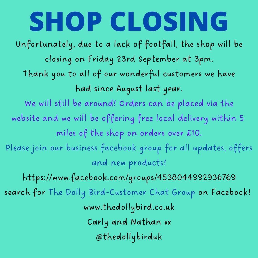 Good #SundayMorning #UKGiftHour #ukgiftam I’m sad to announce my little shop is closing , we still however will be trading via the website and on our new Facebook group.
thedollybird.co.uk 

facebook.com/groups/4538044…
 So please #shopindie