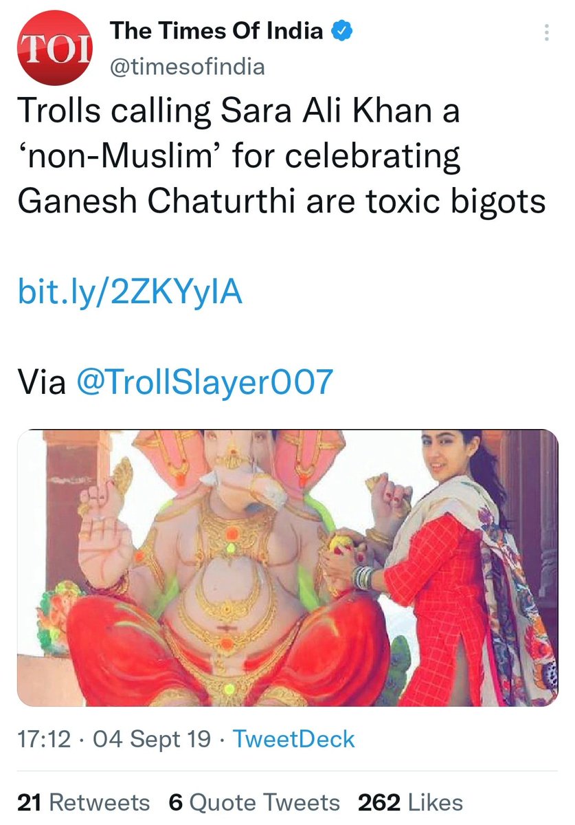 AskAnshul's tweet photo. Every year, Sara Ali Khan gets trolled &amp; abused by radicals for visiting Temples &amp; celebrating Ganesh Chaturthi. https://t.co/NWoZOndtEe
