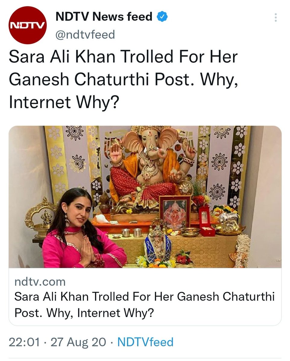 AskAnshul's tweet photo. Every year, Sara Ali Khan gets trolled &amp; abused by radicals for visiting Temples &amp; celebrating Ganesh Chaturthi. https://t.co/NWoZOndtEe