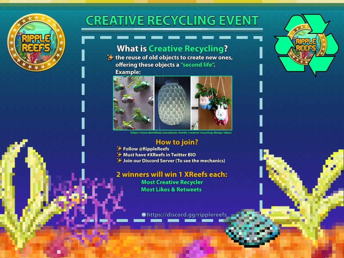 SkylabXRP's tweet photo. Join @RippleReefs' Creative Recycling Event now! ♻️

2 winners of 1 XReefs each! ✨

🚨Event ends on September 23, 2022 / 3:00AM UTC 🚨

RippleReefs Discord Server: https://t.co/8aq3cEg9T7

@GreenZone__ @GZX_TOKEN 

#RippleReefs #CreativeRecycling #XRP
#XRPL #NFT #NFTCommunity https://t.co/uxzz0Ioe4L