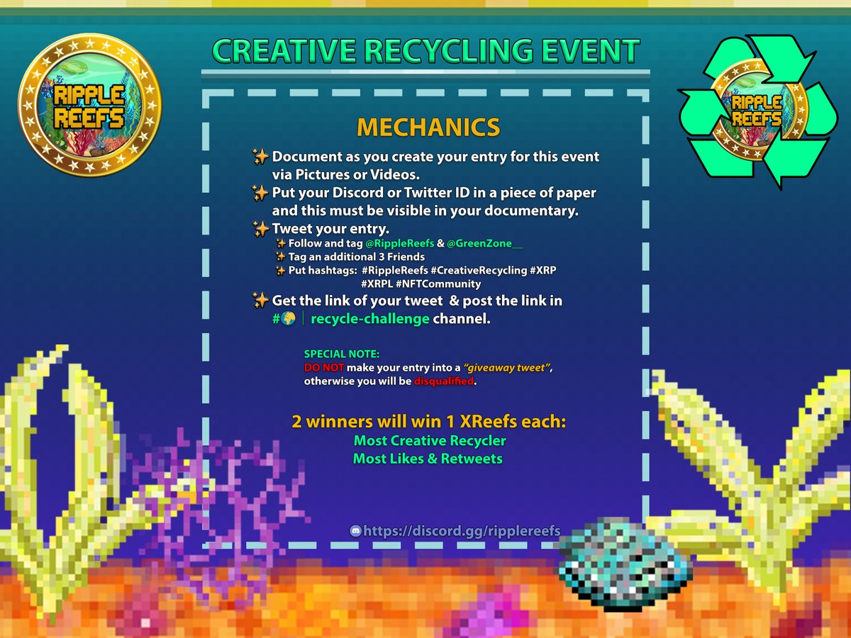 SkylabXRP's tweet photo. Join @RippleReefs' Creative Recycling Event now! ♻️

2 winners of 1 XReefs each! ✨

🚨Event ends on September 23, 2022 / 3:00AM UTC 🚨

RippleReefs Discord Server: https://t.co/8aq3cEg9T7

@GreenZone__ @GZX_TOKEN 

#RippleReefs #CreativeRecycling #XRP
#XRPL #NFT #NFTCommunity https://t.co/uxzz0Ioe4L