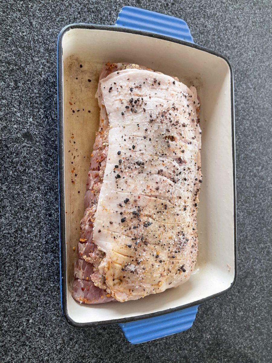 LazBlazter's tweet photo. Sunday Roast prepped- Smokehouse crackling with a sausage meat stuffing under the hood! It’s been too long since we had a full roast dinner! #WhatsyourSunday https://t.co/fj8sP0BYTf