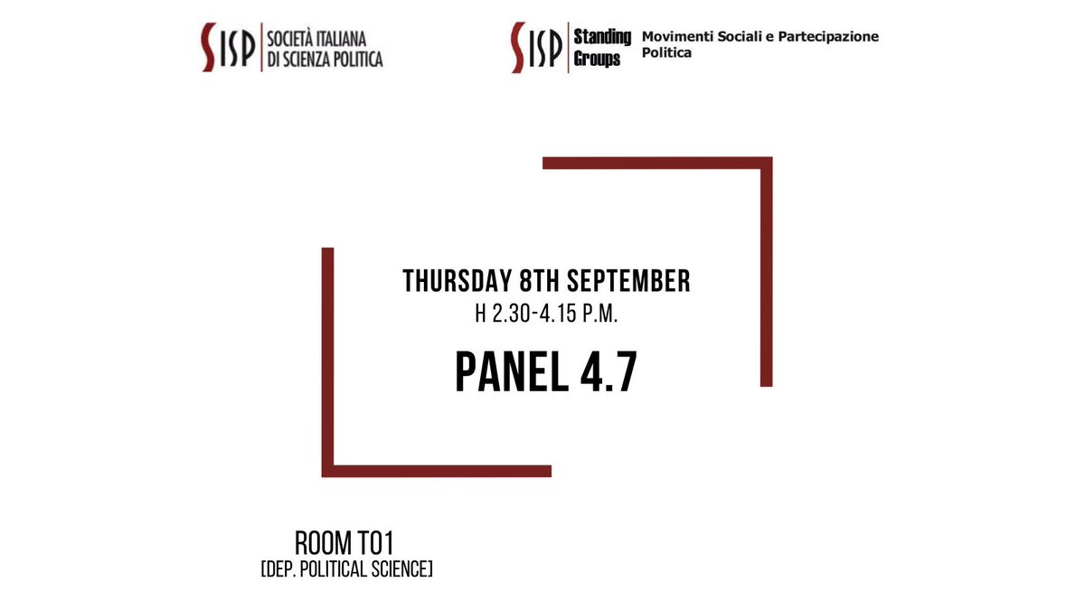🔸#SISP2022 - DAY 1🔸
Today it's time for panel 4.7 "Social movements and collective actions out of Europe".
🕰h 2.30 - 4.15 p.m.
🚪 Room T01 - Department of Political Science
More info here 👇
standinggroups.sisp.it/movimentisocia…