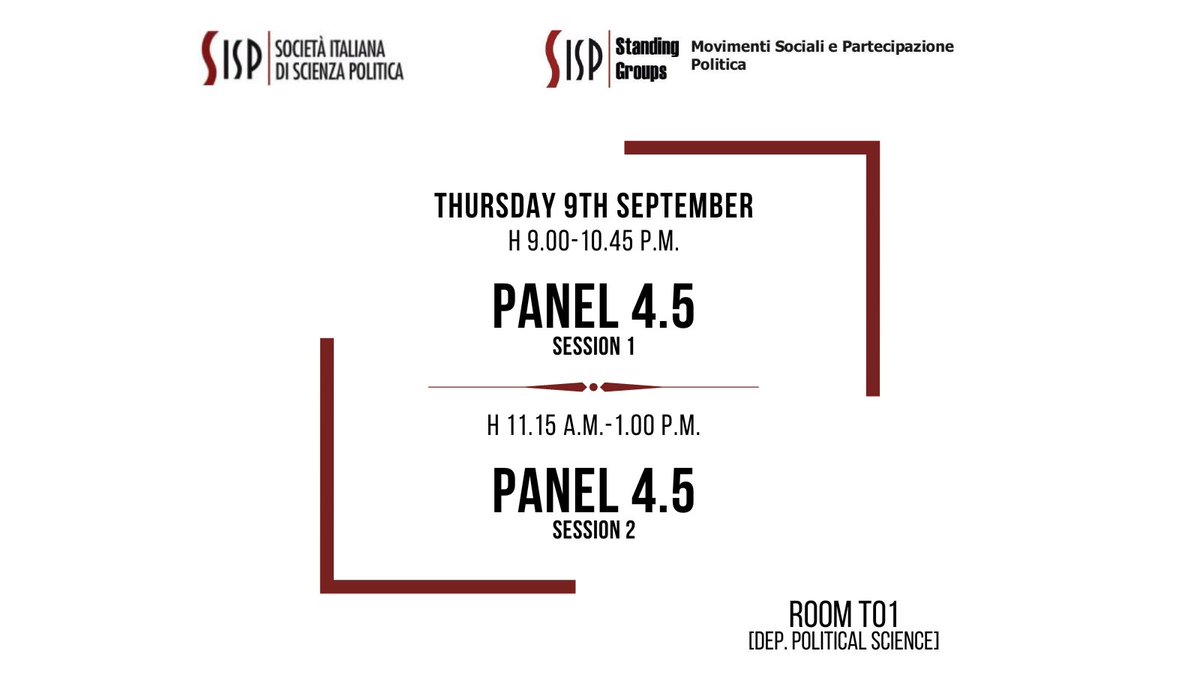 🔸#SISP2022 - DAY 2🔸
Today it's time for panel 4.5 "Populism, anti-populism, Pop music and political participation".
🕰starting from 9.00 a.m.
🚪 Room T01 - Department of Political Science
More info here 👇
standinggroups.sisp.it/movimentisocia…