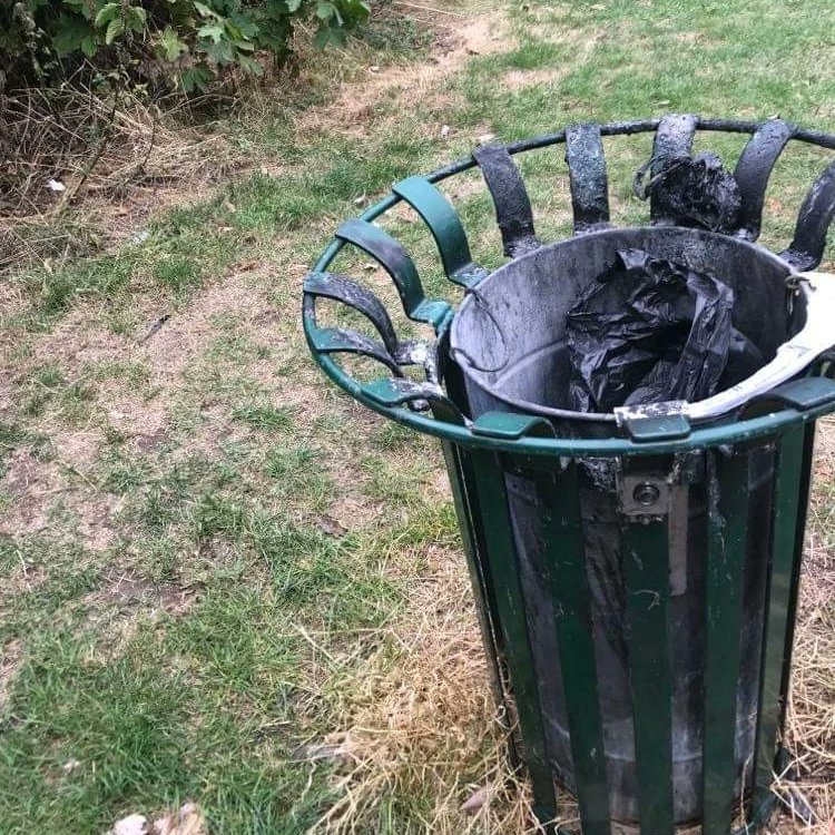 Litterwatch1's tweet photo. After all their hard work, #litterpicking, look what our #Tipton2 were presented with this morning (Sunday 4th Sept). This is just mindless vandalism! What joy can you get from burning bags of #rubbish?  #thankyou both for not giving up. @TiptonWMP @sandwellcouncil @SercoESUK https://t.co/yB5SAg0IHl