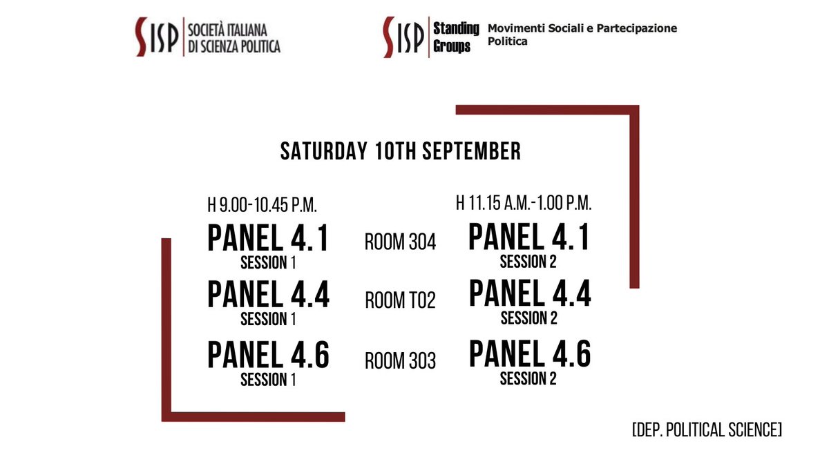 🔸#SISP2022 - DAY 3🔸
Today it's a very busy morning!
Starting from 9.00 a.m., three panels on different topics: community organizing, ecologist movements, and protests during covid era
Find more details here 👇
standinggroups.sisp.it/movimentisocia…