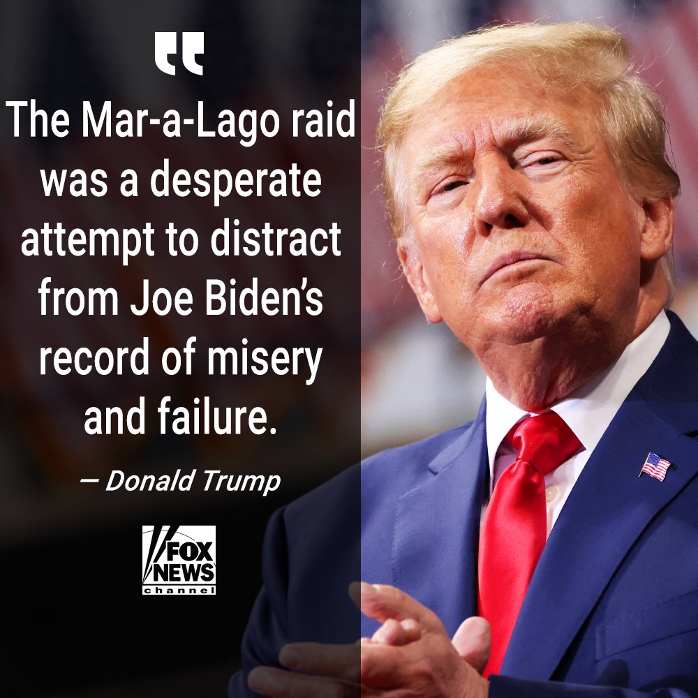 FoxNews's tweet photo. DIVERTING ATTENTION: Former President Trump says FBI search of his home was intended to take focus off of rising crime and economic woes. https://t.co/vDSAAn5BVE
