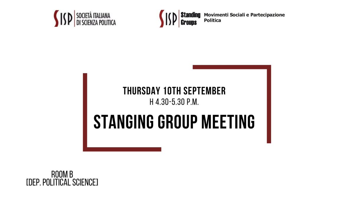 🔸#SISP2022 - DAY 3🔸
This busy day ends with our internal meeting!
🕰 4.30 - 5.30 p.m.
🚪Room B - Department of Political Science
See you there!