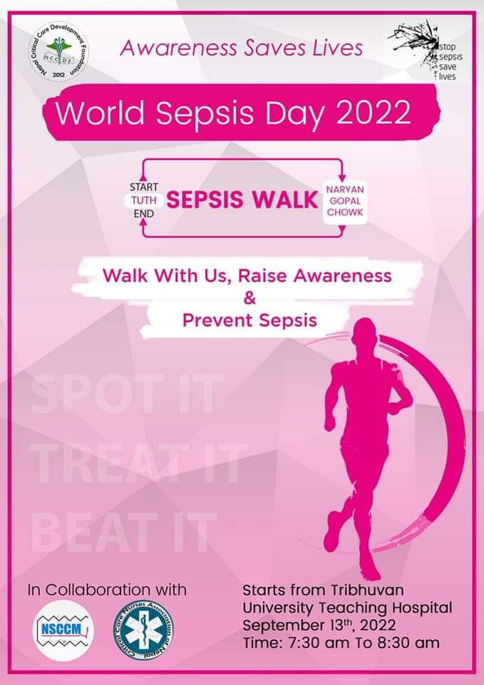 PrameshShrestha's tweet photo. Join the walk for increasing awareness of sepsis. Stop sepsis, Save lives.
सेप्सिसलाई रोकौं, जानौं, उपचार गरौँ र निस्तेज पारौं #NSCCM #CCNAN #NCCDF
🗓 13th September 2022
⏰ 7:30 AM to 8:30 AM
📍 Tribhuvan University Teaching Hospital https://t.co/v7FCZCd1zV