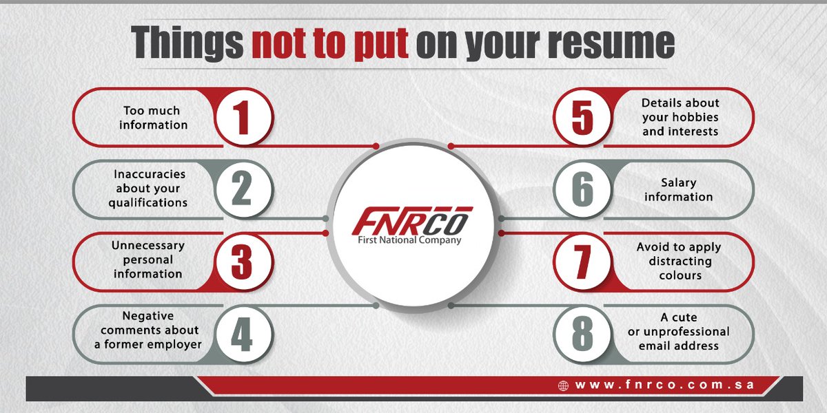 FNRCO_KSA's tweet photo. Things not to put on your resume

#FNRCO #saudiarabia #jobs #jobsearch #hiring #employment #jobvacancy #recruiting #career #recruiter #tips #cvtips #careertips https://t.co/MZCD6kYeN3