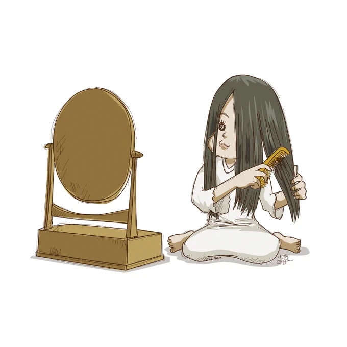 #くしの日入念に髪のお手入れをする貞子#イラスト #ラクガキ #rkgk  #illustration 