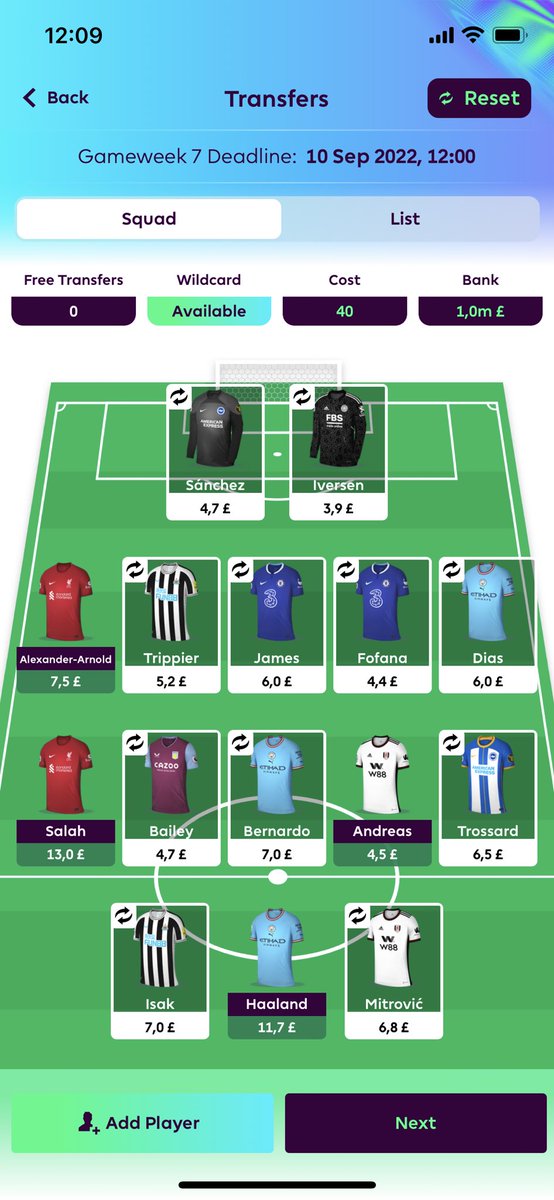 student_fpl's tweet photo. My plan was to WC after GW8 but am very tempted to pull the trigger now. Think that this squad looks really good. Will keep an eye on CL minutes and then choose the third City player. Any thoughts in this draft? #FPLCommunity #fpl #wildcard https://t.co/EeYQQ5u1ve