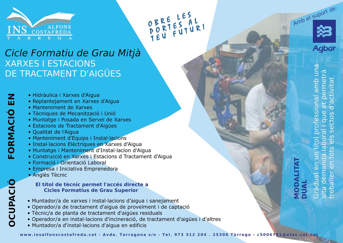 En res s’iniciarà el curs 22/23. Al nostre Institut es començarà el nou Cicle Formatiu de Grau Mitjà en Xarxes i Estacions de Tractament d'aigües.
Encara queden places per estudiar aquest cicle. Us animem a matricular-vos-hi.

 Us agrairíem féssiu difusió d’aquesta publicació.